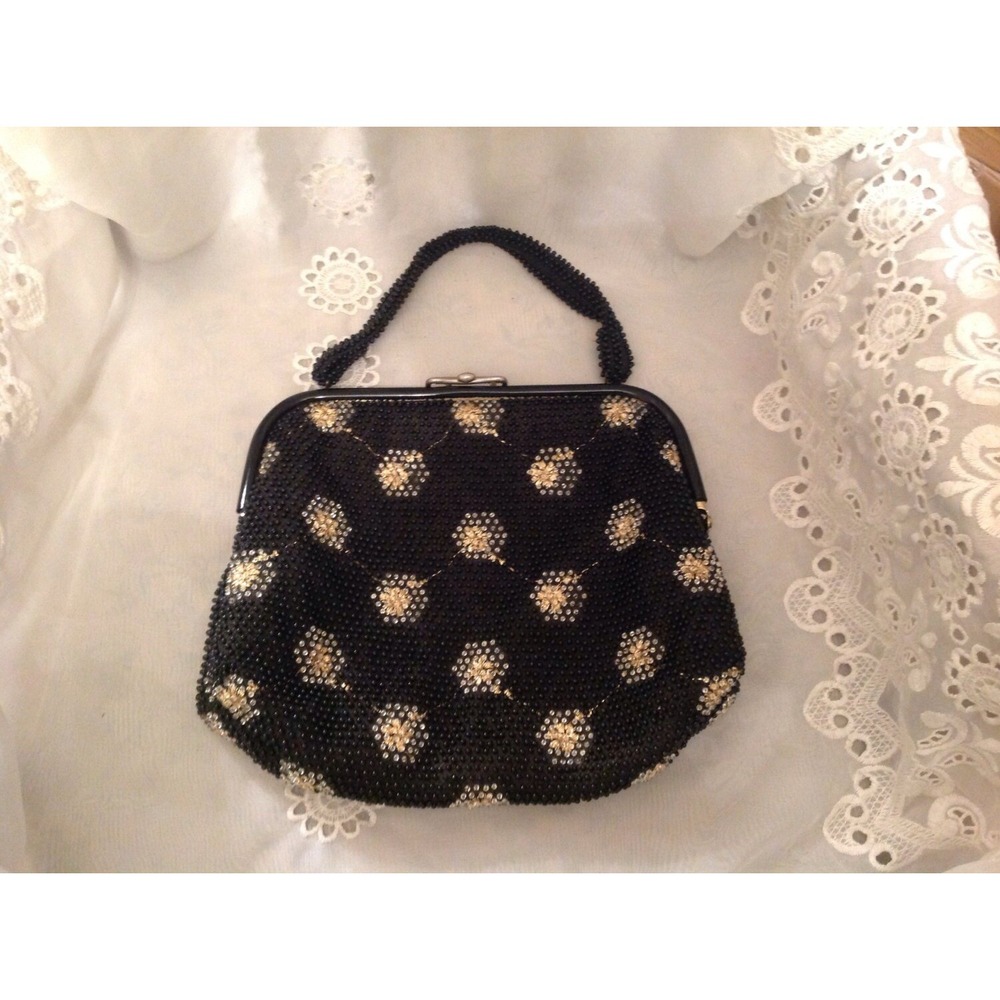 Vintage Corde Bead Floral Starburst Top Handle Handbag Black Beaded Purse